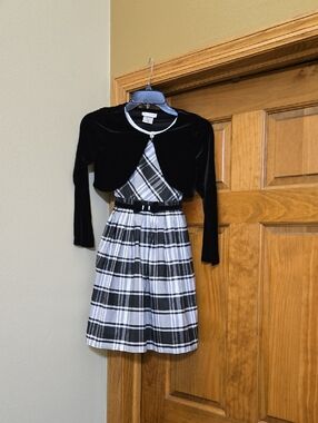 Jona Michelle Black & White Plaid Dress with Black Velvet Bolero